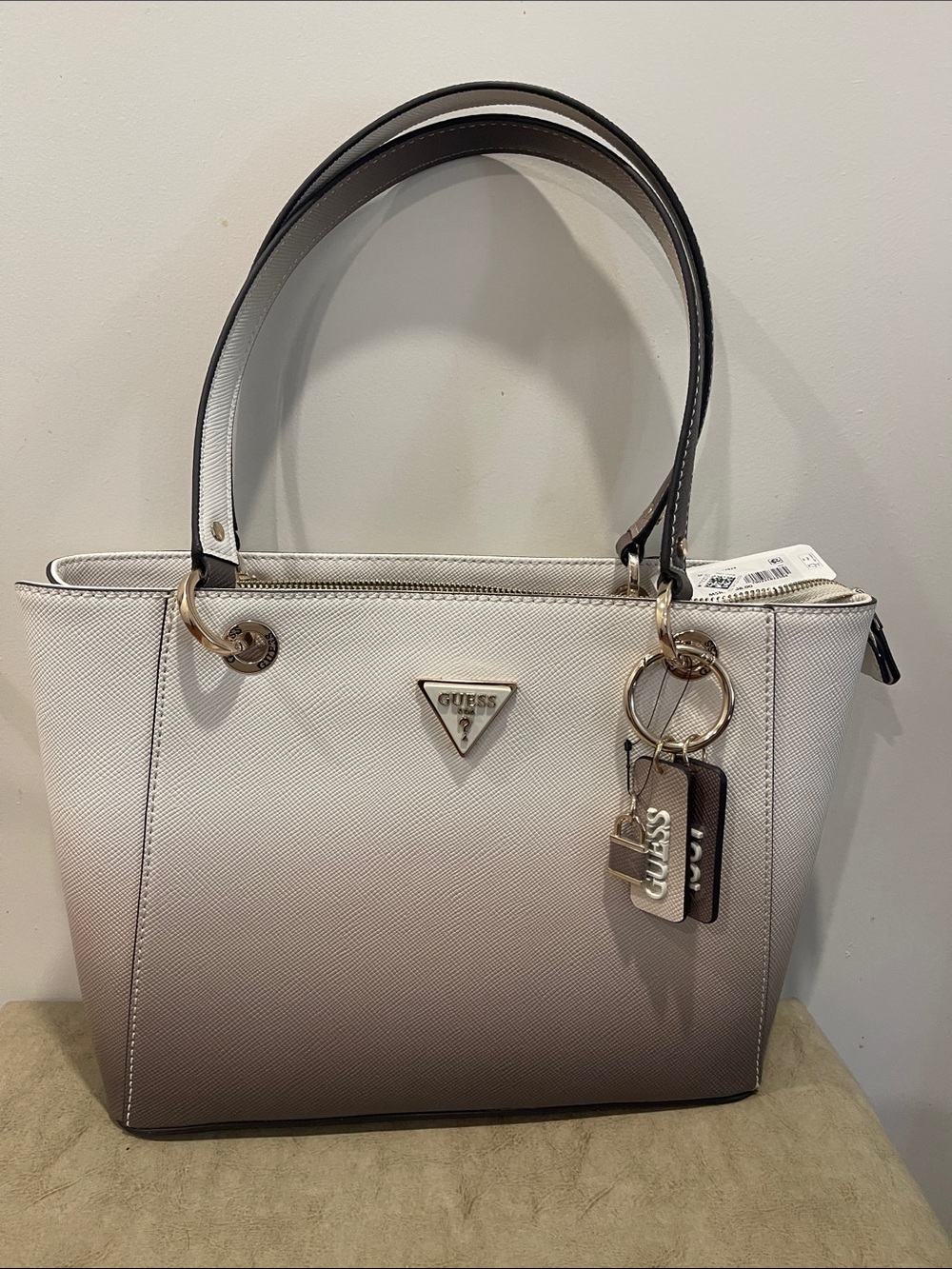 Guess Ombre White to Taupe Dual-Handle Tote with Gold Hardware